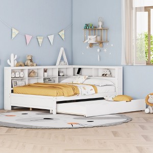 Bellemave Wooden Full Size DayBed with Twin Size Trundle, DayBed with Storage Shelf and USB Charging Ports,White - 1 of 4