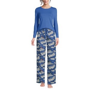 Lands' End Women's Pajama Set Knit Long Sleeve T-Shirt and Flannel Pants - 1 of 3