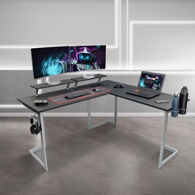 NicBex Home Office Desk L-Shape Morden Computer Desk with 6 Open Storage Shelves, Glass Desktop and Metal Legs for Study and Work
