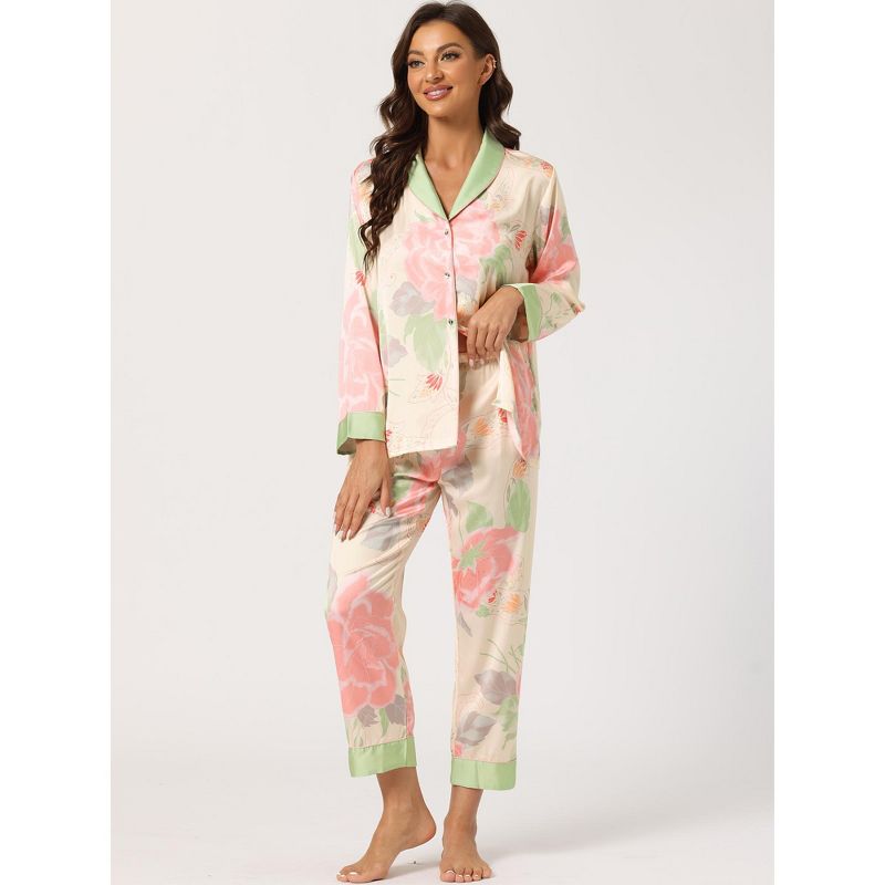 cheibear Women's Satin Floral Long Sleeves Shirts with Pants Lounge Pajama Set, 2 of 6