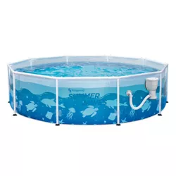 Summer Waves P20010303 Active 10 Foot x 30 Inch Outdoor Round Frame Above Ground Ocean Print Pool Set with Filter Pump System and Repair Patch