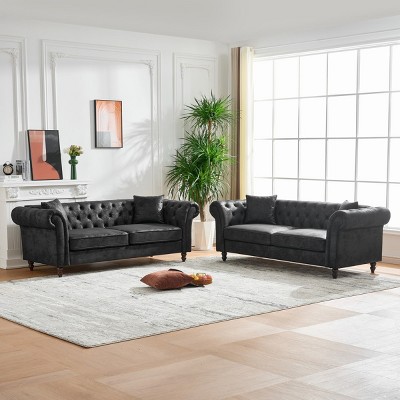Chesterfield 3+3 Seater Tech Fabric Sofa Set,Rolled Arm Couch with Button Tufting for Living Room or Apartment-Baofuwish