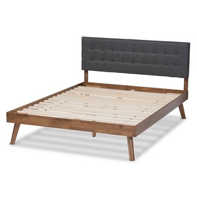 Queen Walnut Wood Platform Bed with Gray Tufted Upholstered Headboard