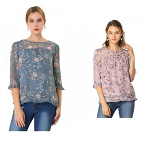 Allegra K Women's Round Neck Ruffle 3/4 Sleeve Floral Print Chiffon Blouse 2 Pcs - 1 of 4
