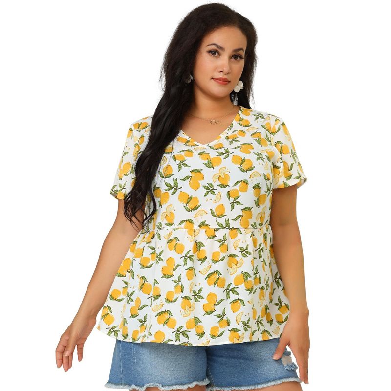 Agnes Orinda Women's Plus Size Casual V Neck Lemon Floral Summer Beach Peplum Blouses, 4 of 7