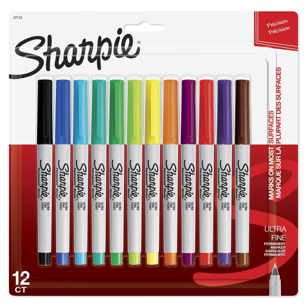 Sharpie Permanent Markers  Ultra Fine Point  Assorted Colors  12 Count