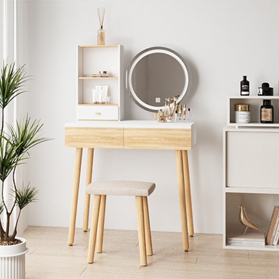 ELECWISH 31.5" Wood Vanity Desk Set with LED Mirror & Stool - Adjustable 3-Tone Lighting, 2 Drawers, Storage Shelf, Soft-Padded Seat