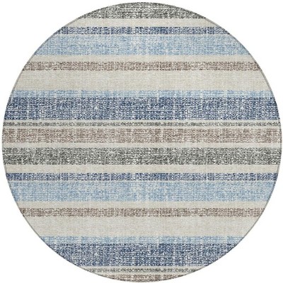 HomeRoots 8' Navy Blue And Beige Round Striped Washable Indoor Outdoor Area Rug