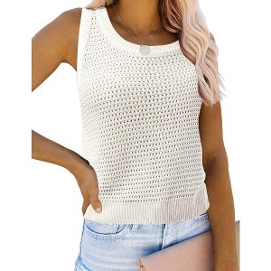 Womens Sweater Tank Tops Pullover Sweater Sheer Tops Lightweight Sweater Scoop Neck Crochet Sweater with Ribbed Cuff - 1 of 4