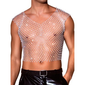 INSPIRE CHIC Men's V-Neck Sleeveless Party Shiny Mesh Rhinestone Tank Top - 1 of 4
