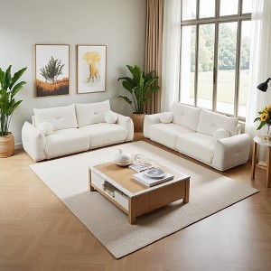 90" Lamb's Wool 2-Seater Cushion Sofa with 2 Cushions & 2 Ball Pillows - 1 of 4