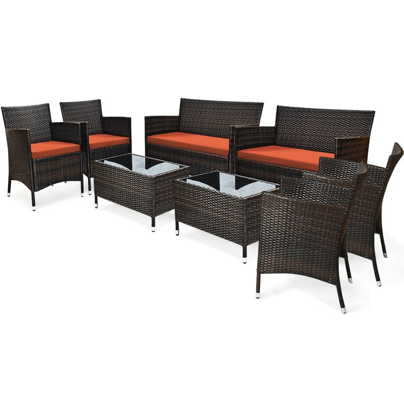 Costway 8PCS Rattan Patio Furniture Set Cushioned Sofa Chair Coffee Table Red\Brown\Turquoise, 4 of 11