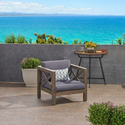 1 Piece Acacia Wood Patio Accent Chair,Waterproof Fabric Upholstered Lounge Club Chair,Armrests Club Chair For Balcony Or Garden-Coolbibila