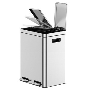 GustoWave Stainless Steel Trash Can with Recycling Bin, Soft-Close Lid, Step-on Garbage Bin - with Removable Plastic Inner Buckets - 1 of 4
