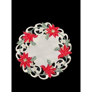 Christmas Poinsettia Embroidered Cutwork Round Placemat, 8-Inch diameter - 1 of 3