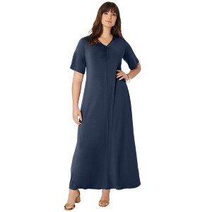 Roaman's Women's Plus Size Ultrasmooth Fabric Ruched V-Neckline Maxi Dress - 1 of 4
