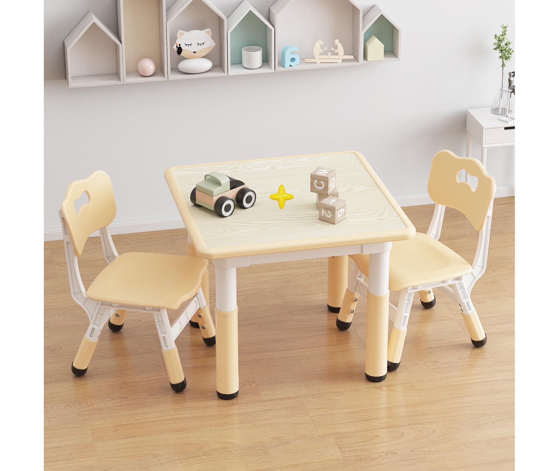 Kids Table and 2 Chairs Set, Height Adjustable Toddler Table and Chair Set, Graffiti Desktop, Children Multi-Activity Table for 2