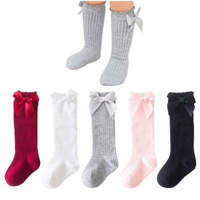Cozyway Baby & Toddler Knee High Bow Socks, 5 Pack for Girls, White/Gray/Pink/Red/Black, 9-18 Months Old