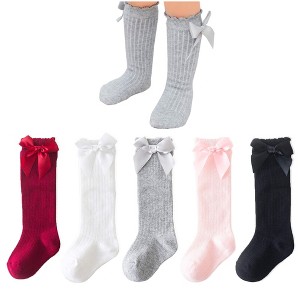 Cozyway Baby & Toddler Knee High Bow Socks, 5 Pack for Girls, White/Gray/Pink/Red/Black, 9-18 Months Old - 1 of 4