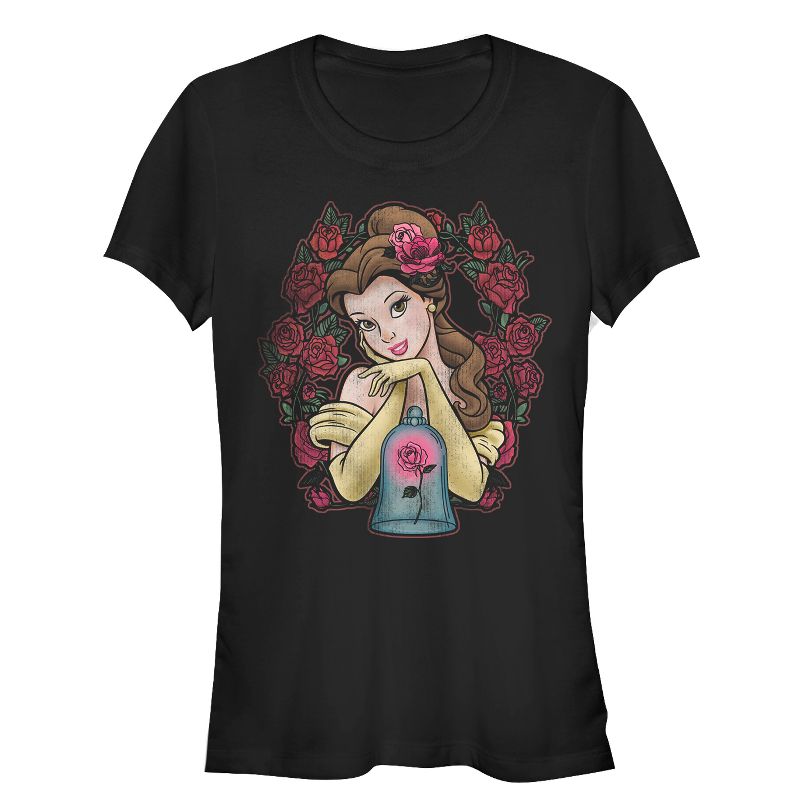 Juniors Womens Beauty and the Beast Belle Rose Wreath T-Shirt, 1 of 4