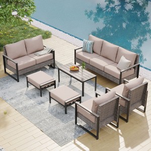 Sonkuki Outdoor Furniture Set Patio Conversation Sofa with Coffee Table Set, All-Weather PE Rattan Couch with Cushion - 1 of 4