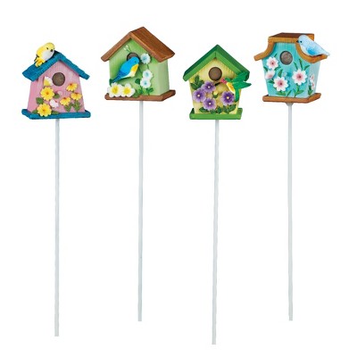 Collections Etc Colorful Hand-Painted Birdhouse Garden Stakes - Set of 4 3 X 2 X 16