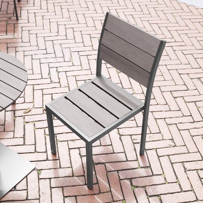 Gray Metal Armless Stackable Patio Chair with Faux Teak Slats