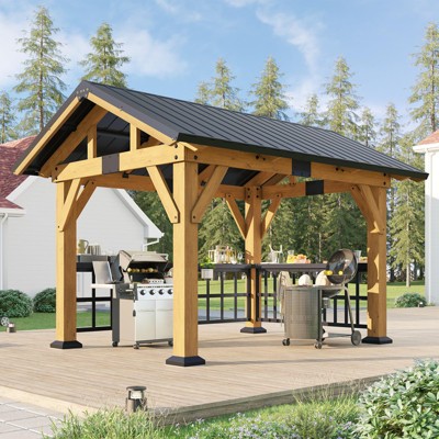 AMERLIFE 9x10FT Solid Wood Gazebo, Hardtop Steel Roof, Guest House, for Garden/Porch/Patio