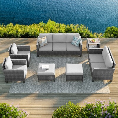 Sonkuki 7 Pieces PE Rattan Furniture Set with Side Table, Patio Chair with Cushion, Ottomans for Lawn, Light Gray