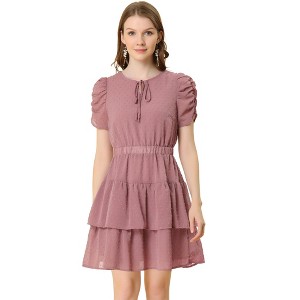 Allegra K Women's Swiss Dots Ruched Short Sleeve Elastic Waist Layer Ruffle Hem Dress - 1 of 4