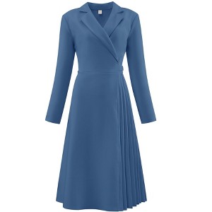 INSPIRE CHIC Women's Notch Lapel Wrap Neck Long Sleeve A-Line Midi Pleated Dress - 1 of 4