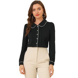 INSPIRE CHIC Women's Casual Peter Pan Collar Button Down Contrast Puff Sleeve Work Blouse - 1 of 4