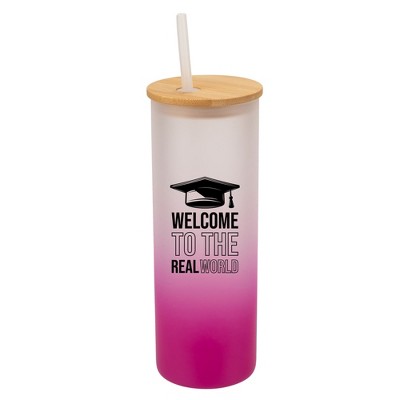 Elanze Designs Welcome Real World Grad School Graduation Wrap-Around Design 25 Ounce Frosted Gradient Glass On-The-Go Coffee Travel Skinny Tumbler Mug