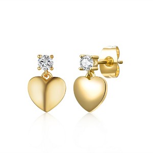 Radiant Reverie: 14k Yellow Gold Plated Heart Dangle Earrings Adorned with Sparkling Cubic Zirconia, Exuding Timeless Elegance and Sophistication - 1 of 2