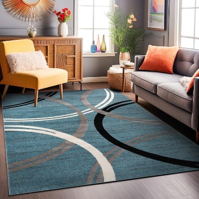 Modern Abstract Waves Blue Polypropylene Area Rug