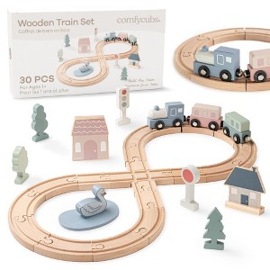 Comfy Cubs 30-Piece Wooden Train Set for Ages 1+, Toddler Train Set with Wooden Toy Tracks - 1 of 4