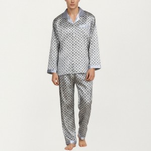 Anna-Kaci Men's 2-Piece Set Satin Pajamas with Geometric Print Contrast Collar and Button-Up Top - 1 of 4