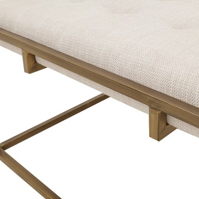 Ivory Tufted Square Ottoman with Bronze Metal Base