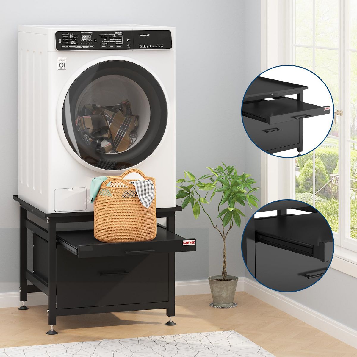 Heavy Duty Metal Washer and Dryer Pedestal Stand - Pullout Shelf & Storage Drawer, Global Anti-Vibration Riser, Adjustable Feet, 850 lbs - thumbnail 7