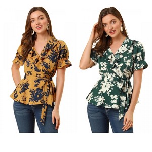 INSPIRE CHIC Women's Floral V Neck Tie Waist Belted Ruffle Wrap Shirt 2 Pcs - 1 of 4