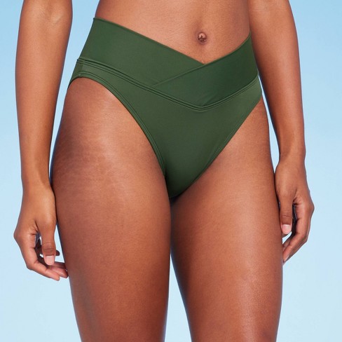 Women's V-Front Mid-Rise High Leg Cheeky Bikini Bottom - Shade & Shore™  Dark Green S