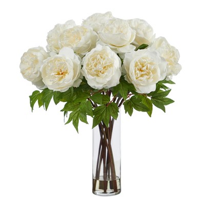 Nearly Natural 22-in Artificial Peony Arrangement with Cylinder Glass Vase
