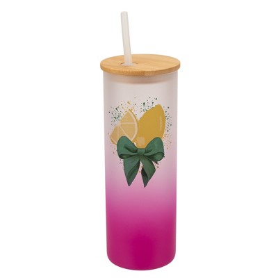 Elanze Designs 25 Ounce Frosted Glass Gradient Travel Tumbler With Straw and Wooden Lid, Lemon Pink