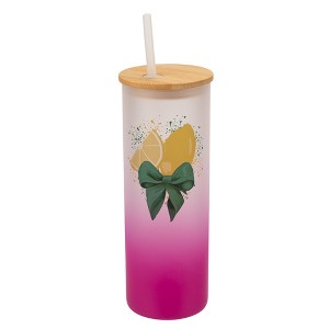 Elanze Designs 25 Ounce Frosted Glass Gradient Travel Tumbler With Straw and Wooden Lid, Lemon Pink - 1 of 1