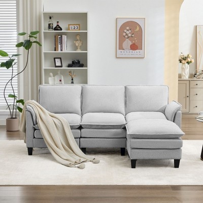 HYLEORY 75.59'' Width Modern Linen Flannel Fabric L-Shaped Sectional Sofa with Ottoman for living room