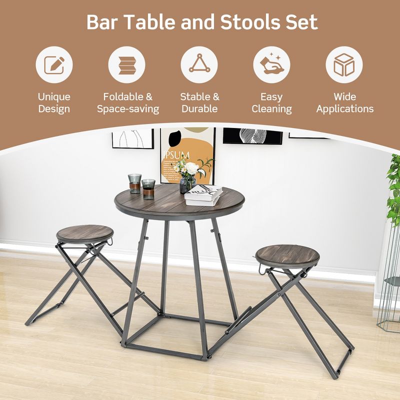 Costway 3-Piece Bar Table Set Round Pub Dining Table & 2 Foldable Stools w/ Metal Frame, 5 of 11
