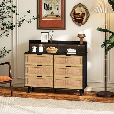 43" 6 Drawer Rattan Dresser for Bedroom, Double Chest of Drawers, Wood Storage Cabinet, Storage Dressers Organizer for Bedroom Hallway Entryway