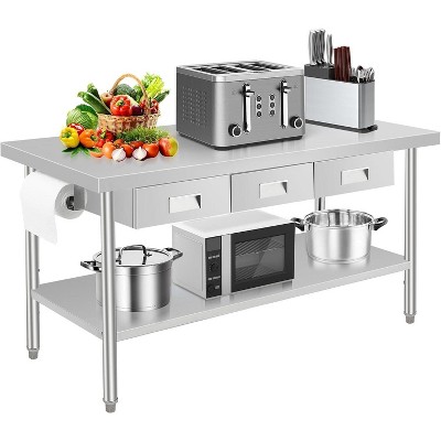 60" X 24" Stainless Steel Workbench, Metal Dining Prep Table, with 2 Drawers, Paper Towel Holder, Metal Dining Prep Table, Kitchen Islands