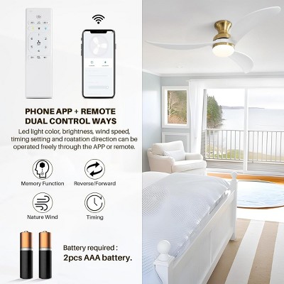 White Direct Current Fan With 3 Color Led Light,Indoor Ceiling Fan With Remote Reversible DC Motor And 3 Solid Wood Blades -The Pop Home
