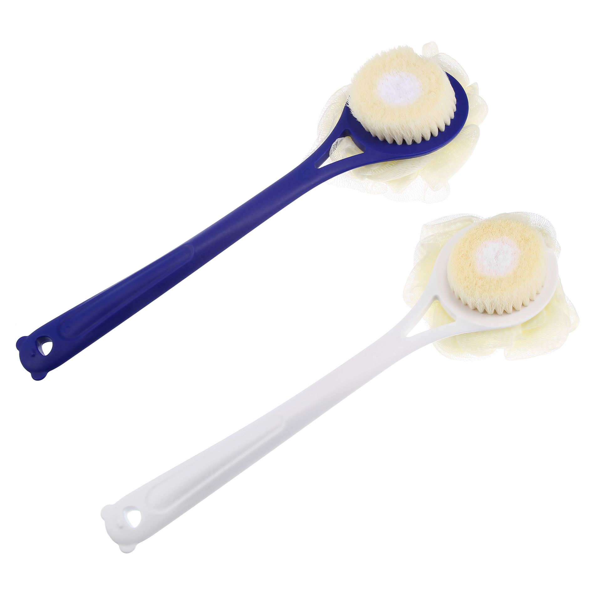 Unique Bargains Back Scrubber for Shower Bath Brush with Bristles and Loofah Shower with Long Handle for Skin Exfoliating Blue White 2pcs
